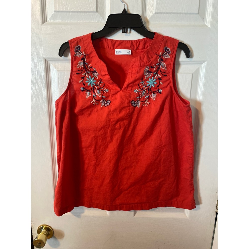 Croft & Barrow Womens Orange Red EmbroideredSleeveless V-Neck Cotton Linen Top M